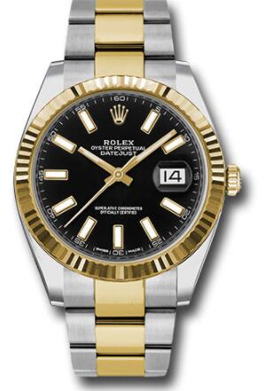 Replica Rolex Steel and Yellow Gold Rolesor Datejust 41 Watch 126333 Fluted Bezel Black Index Dial Oyster Bracelet